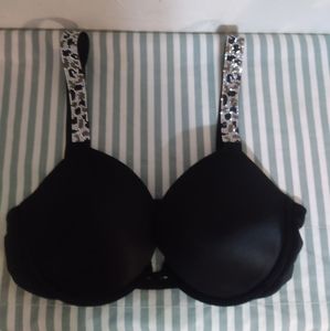 VICTORIA'S SECRET VERY SEXY BLACK PUSHUP BRA RHINESTONE LEOPARD PRINT STRAPS:34C